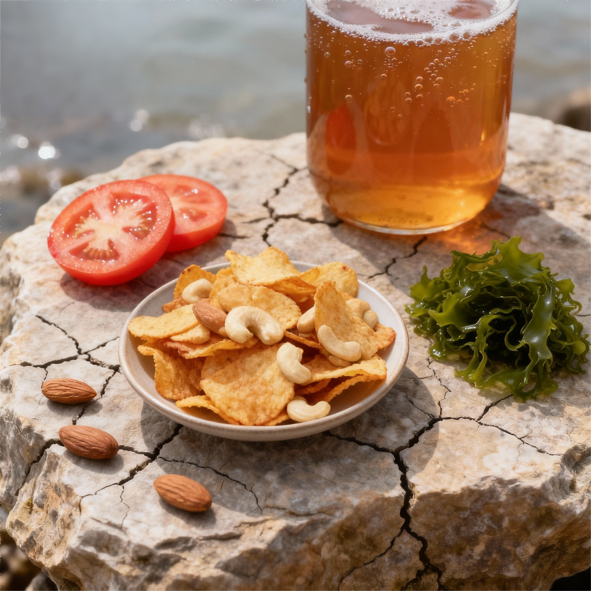 jimeng-2025-11-06-9696-静物摄影风格,一碟装着复合薯片(薯片参考以上图片)和腰果置于风化的岩石上,旁边放....png jimeng-2025-11-06-9696-静物摄影风格,一碟装着复合薯片(薯片参考以上图片)和腰果置于风化的岩石上,旁边放....png